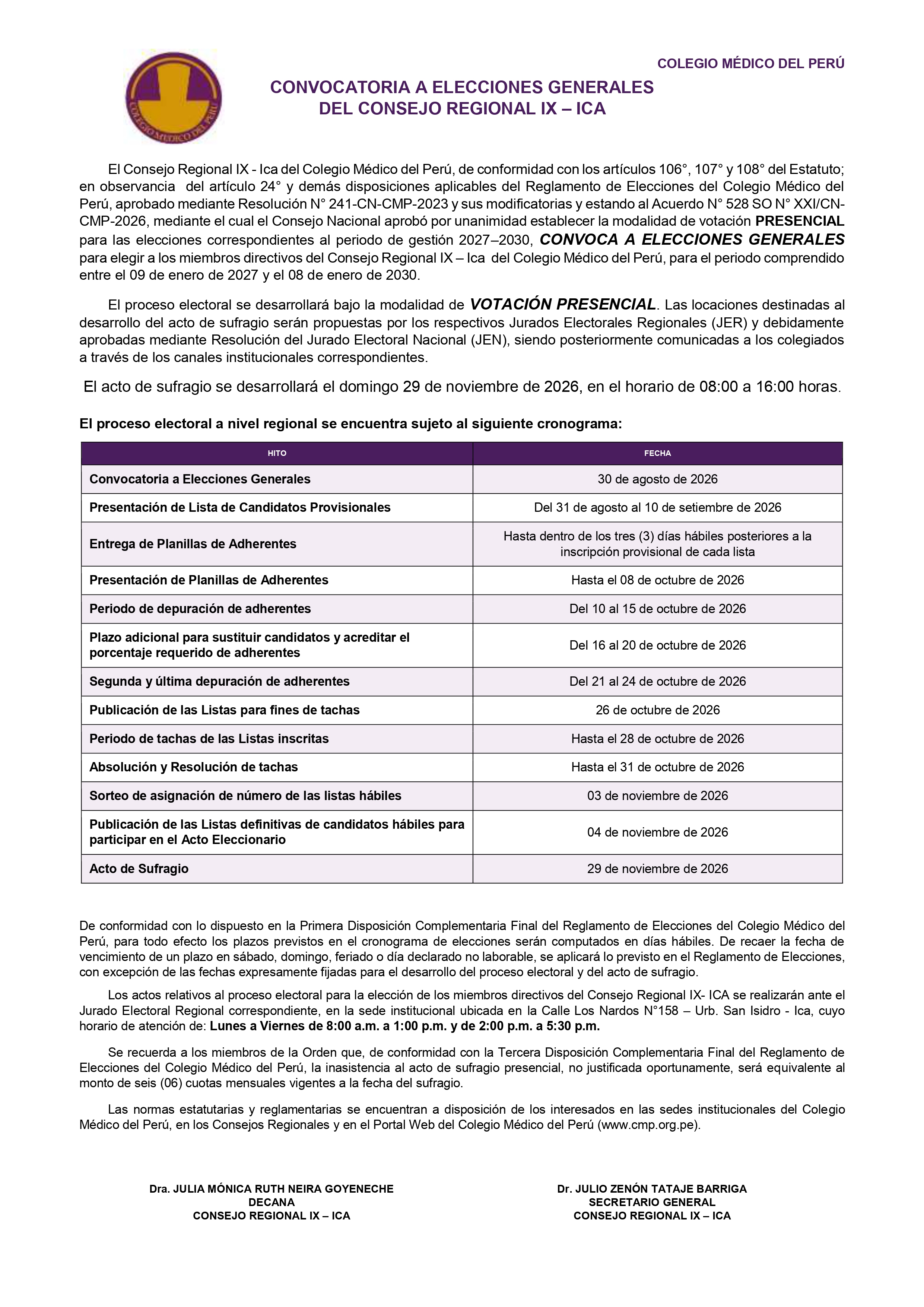 CONVOCATORIA A ELECCIONES GENERALES - CR IX ICA (2027-2030)