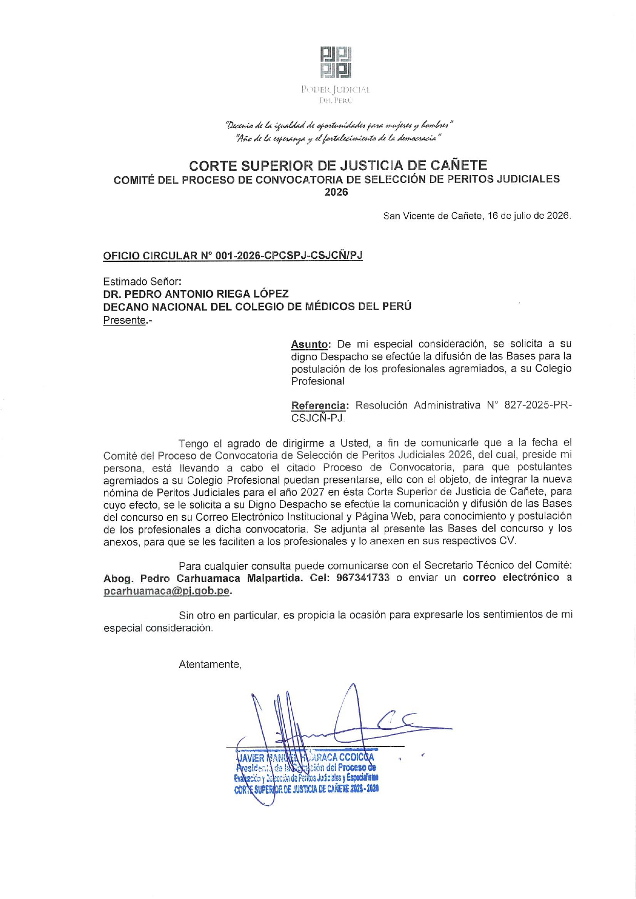 CONVOCATORIA DE SELECCIÓN DE PERITOS JUDICIALES 2026